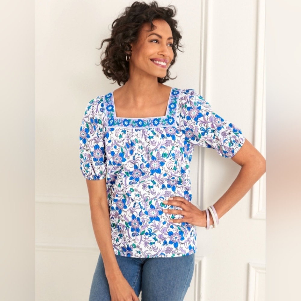 Talbots Songbird Floral Cotton Square Neck Blouse, Size L
